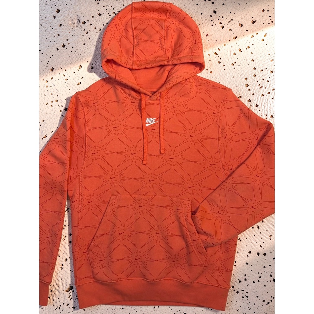 Nike Sportswear Club Fleece All Over Print Swoosh Hoodie Orange DM7930-814 Small